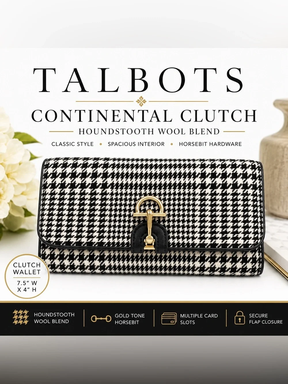 Talbots Black & White Houndstooth Continental Clutch Wool Blend